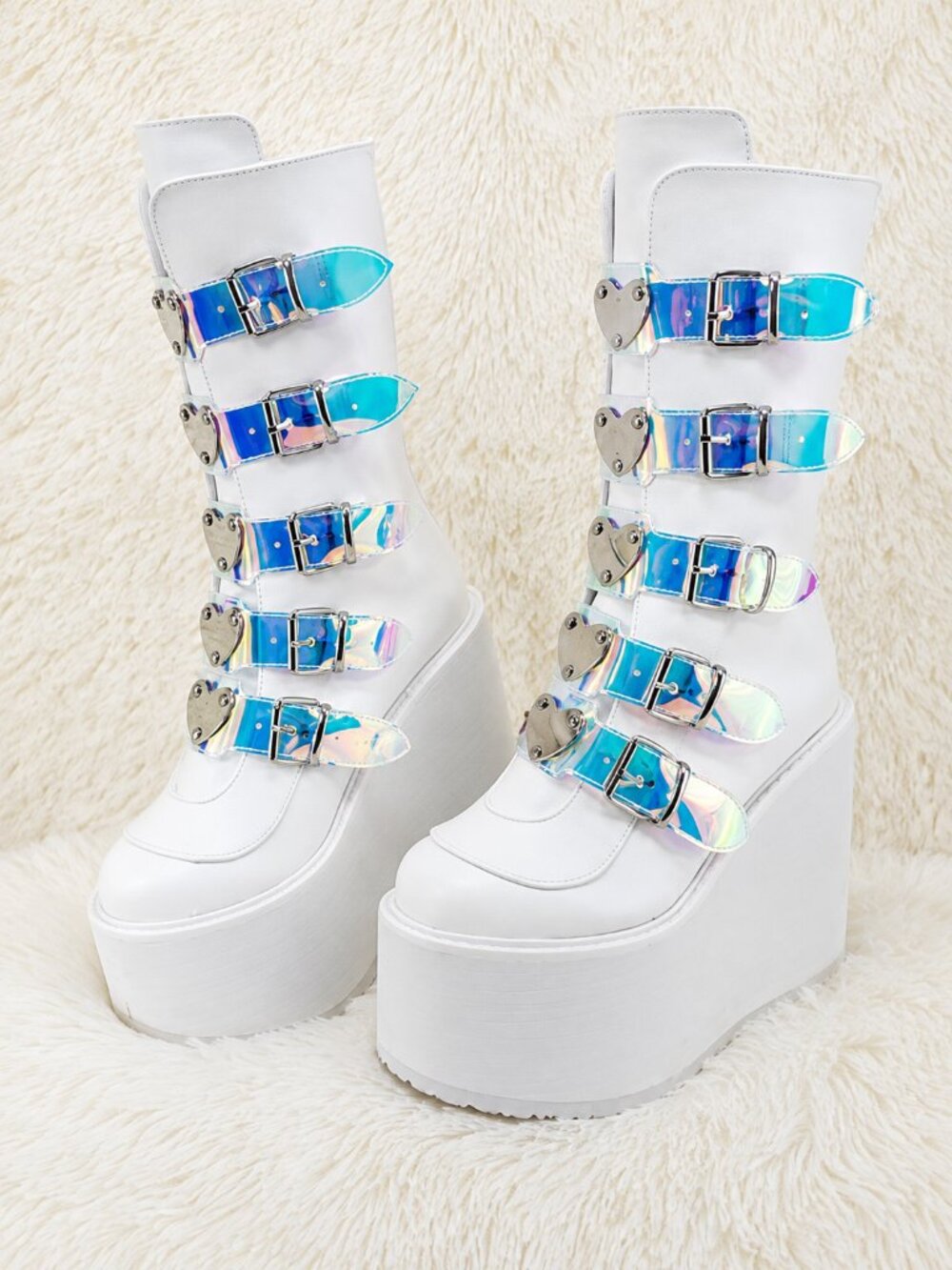 NIB DEMONIA Swing 230 White Mid Calf Boot 5.5" Platform Heart Strap Design